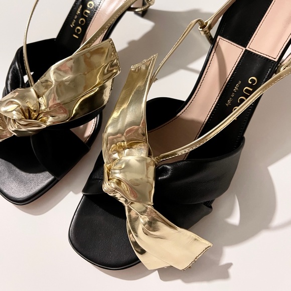NEW, Authentic Gucci Slingback Kitten-Heel Sandals in Black and Gold - Picture 4 of 13